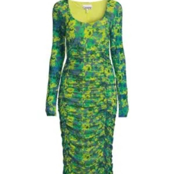 NWOT Ganni Sulphur Spring green abstract print ruched midi dress sz 34/S $395 - Picture 4 of 4